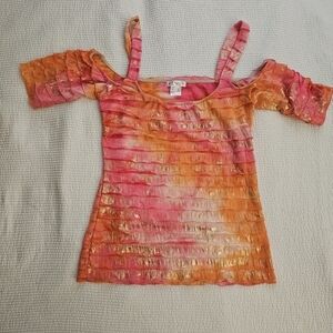 Venus cold shoulder top size small with tiered layered fabric orange pink gold